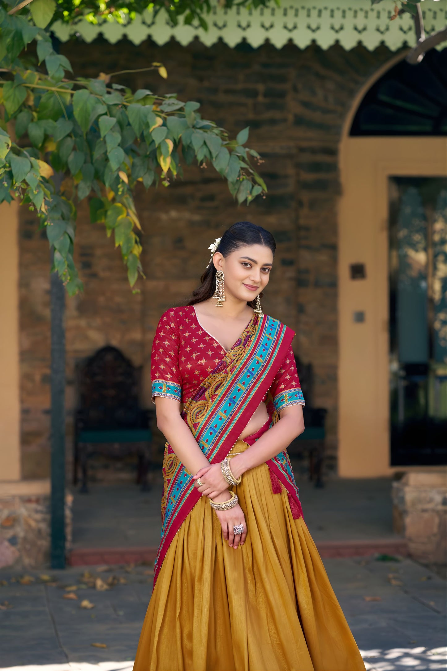 Stunning Mustard Yellow Tasar Silk Printed Lehenga Choli Multicolor Dupatta for Navratri