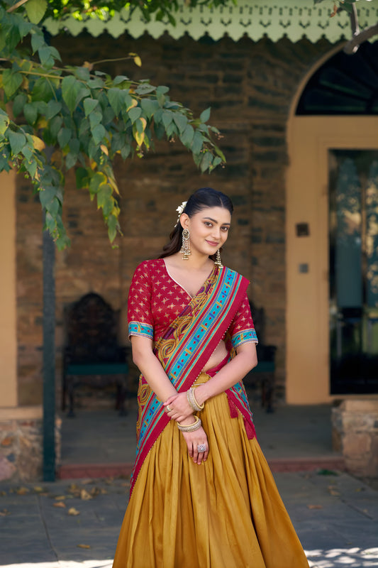 Stunning Mustard Yellow Tasar Silk Printed Lehenga Choli Multicolor Dupatta for Navratri