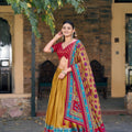 Stunning Mustard Yellow Tasar Silk Printed Lehenga Choli Multicolor Dupatta for Navratri