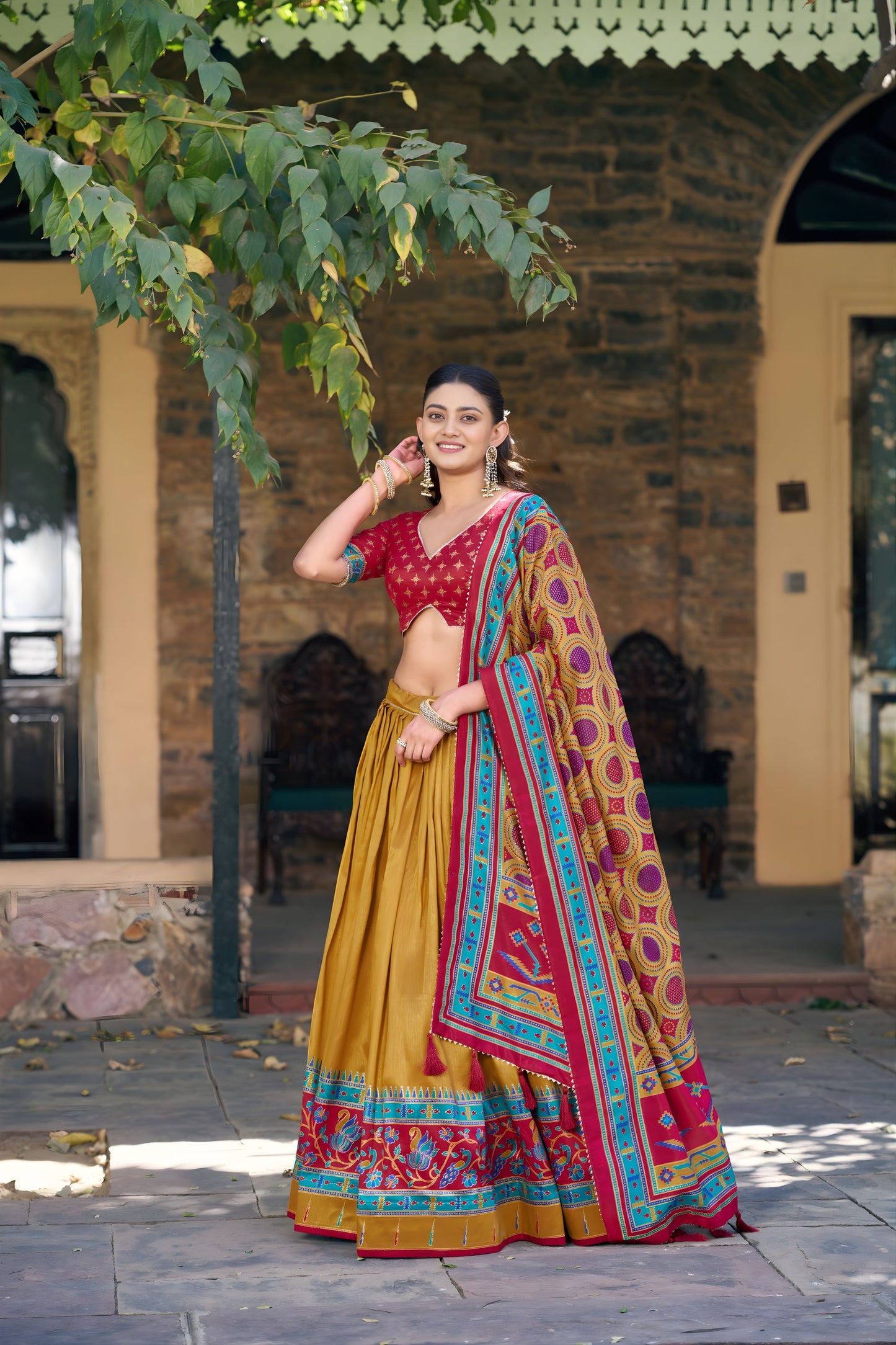 Stunning Mustard Yellow Tasar Silk Printed Lehenga Choli Multicolor Dupatta for Navratri
