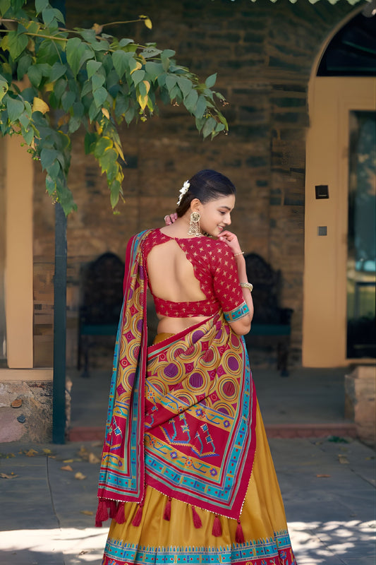 Stunning Mustard Yellow Tasar Silk Printed Lehenga Choli Multicolor Dupatta for Navratri