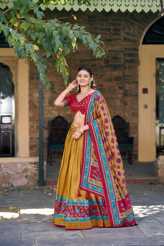 Stunning Mustard Yellow Tasar Silk Printed Lehenga Choli Multicolor Dupatta for Navratri