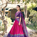 Stunning Rani Pink Tasar Silk Printed Lehenga Choli Blouse Dupatta for Navratri