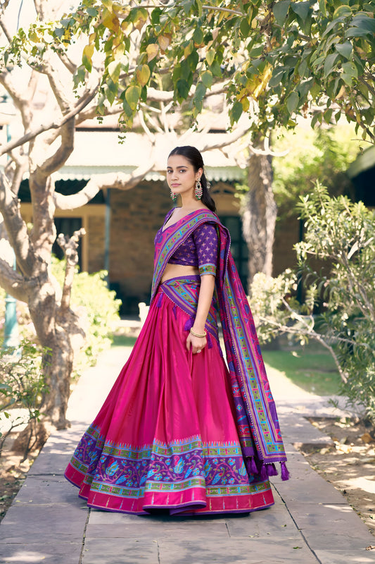 Stunning Rani Pink Tasar Silk Printed Lehenga Choli Blouse Dupatta for Navratri