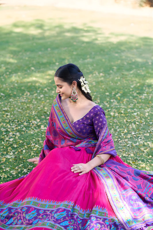 Stunning Rani Pink Tasar Silk Printed Lehenga Choli Blouse Dupatta for Navratri