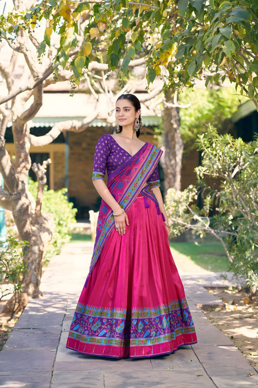 Stunning Rani Pink Tasar Silk Printed Lehenga Choli Blouse Dupatta for Navratri