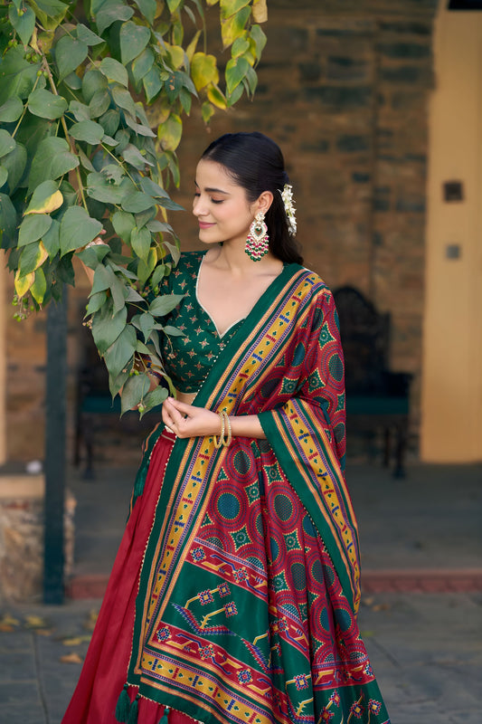 Elegant Red Tasar Silk Lehenga Choli with Green Blouse and Dupatta for Navratri