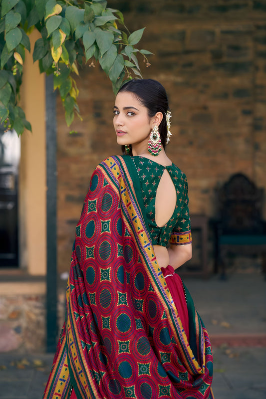 Elegant Red Tasar Silk Lehenga Choli with Green Blouse and Dupatta for Navratri
