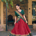 Elegant Red Tasar Silk Lehenga Choli with Green Blouse and Dupatta for Navratri