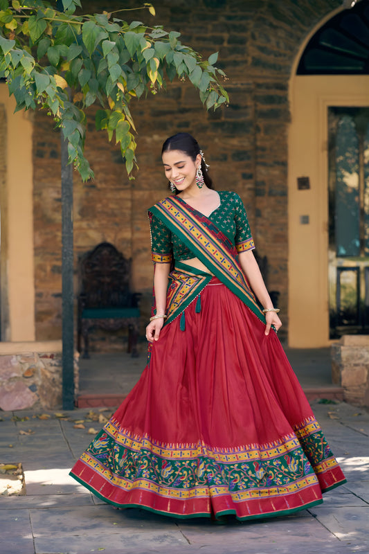 Elegant Red Tasar Silk Lehenga Choli with Green Blouse and Dupatta for Navratri
