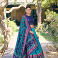 Stunning Teal Blue Tasar Silk Printed Lehenga Choli Purple Blouse and Dupatta Navratri