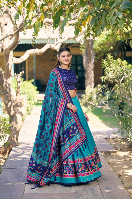 Stunning Teal Blue Tasar Silk Printed Lehenga Choli Purple Blouse and Dupatta Navratri
