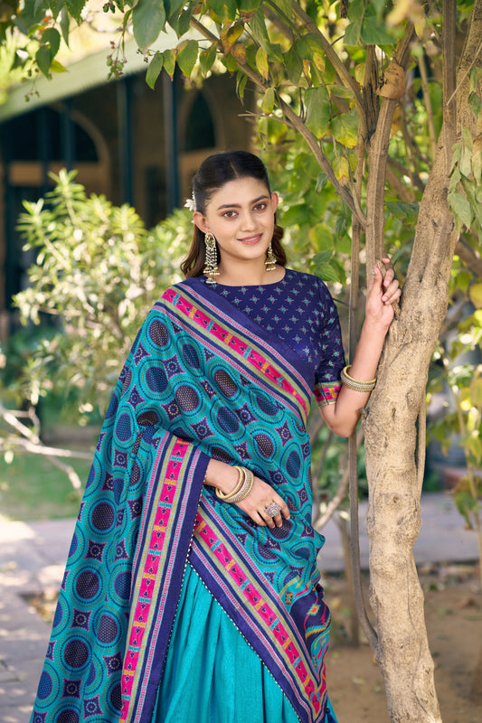 Stunning Teal Blue Tasar Silk Printed Lehenga Choli Purple Blouse and Dupatta Navratri