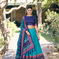 Stunning Teal Blue Tasar Silk Printed Lehenga Choli Purple Blouse and Dupatta Navratri