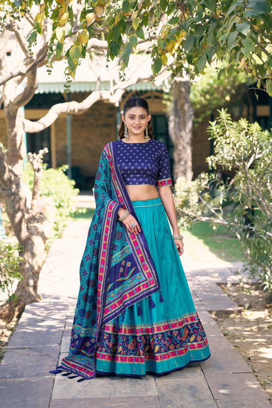 Stunning Teal Blue Tasar Silk Printed Lehenga Choli Purple Blouse and Dupatta Navratri