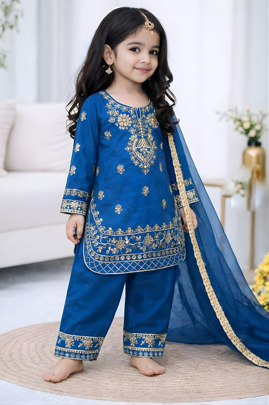 Royal Blue GMY Silk Embroidered Girls Palazzo Suit with Designer Dupatta