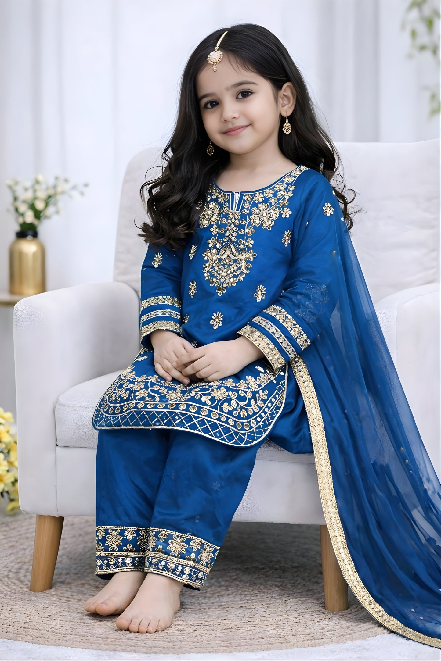Royal Blue GMY Silk Embroidered Girls Palazzo Suit with Designer Dupatta
