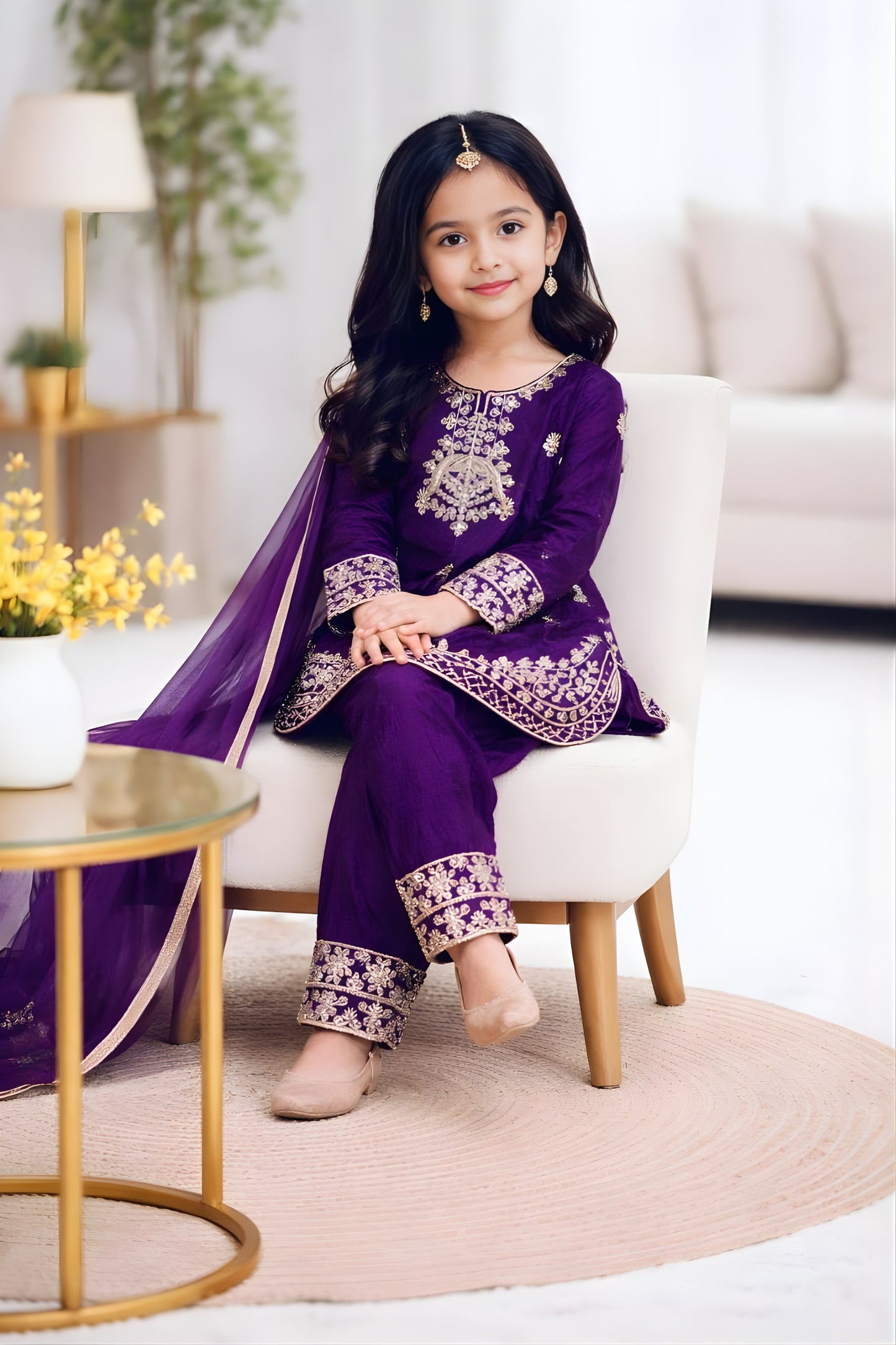 Stunning Purple GMY Silk Embroidered Girls Palazzo Suit with Designer Dupatta