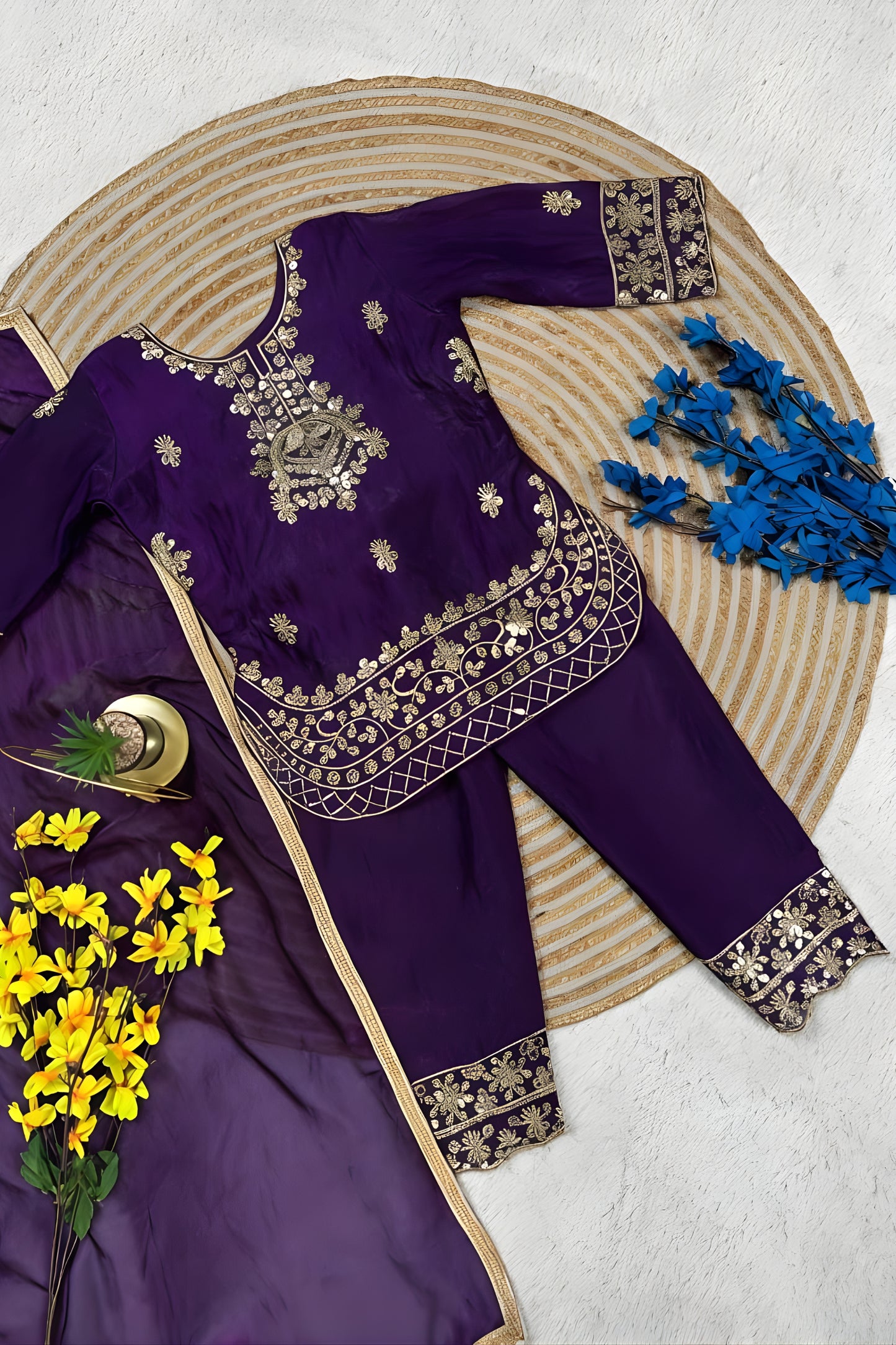Stunning Purple GMY Silk Embroidered Girls Palazzo Suit with Designer Dupatta