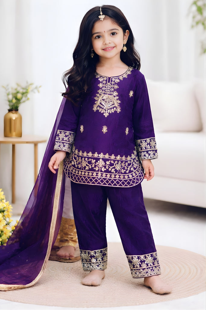 Stunning Purple GMY Silk Embroidered Girls Palazzo Suit with Designer Dupatta