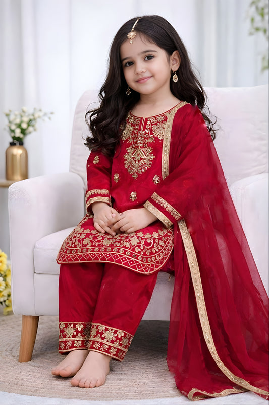 Elegant Red GMY Silk Embroidered Girls Palazzo Suit with Designer Dupatta