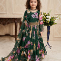 Elegant Dark Green Faux Georgette Floral Printed Designer Gown for Girls with Dupatta