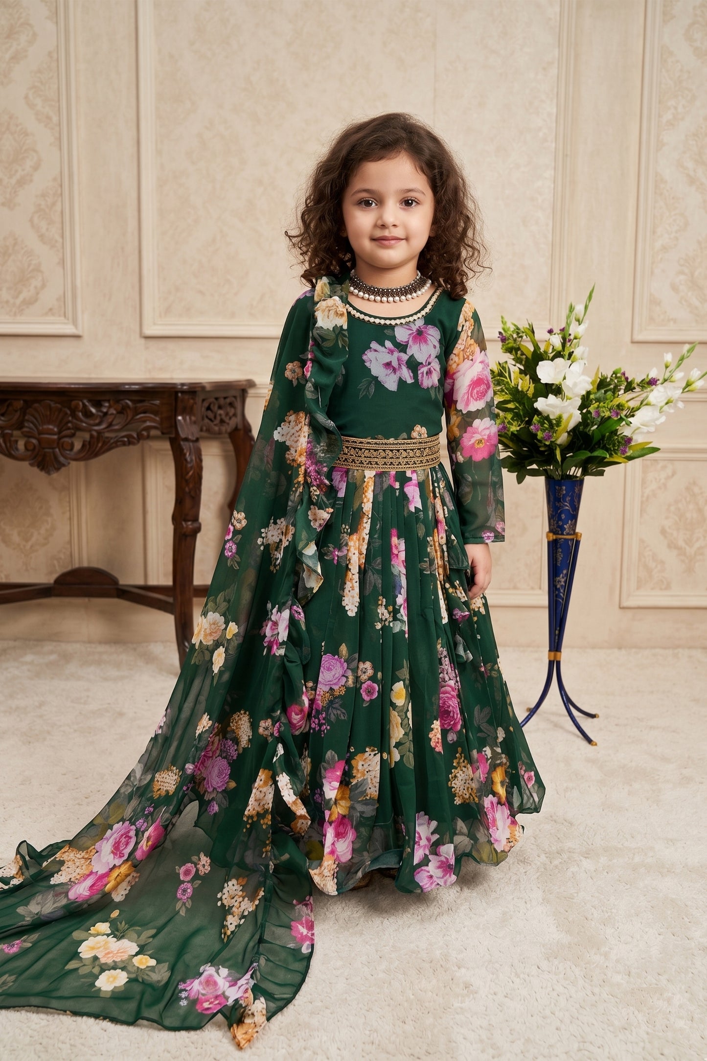 Elegant Dark Green Faux Georgette Floral Printed Designer Gown for Girls with Dupatta