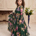 Elegant Dark Green Faux Georgette Floral Printed Designer Gown for Girls with Dupatta