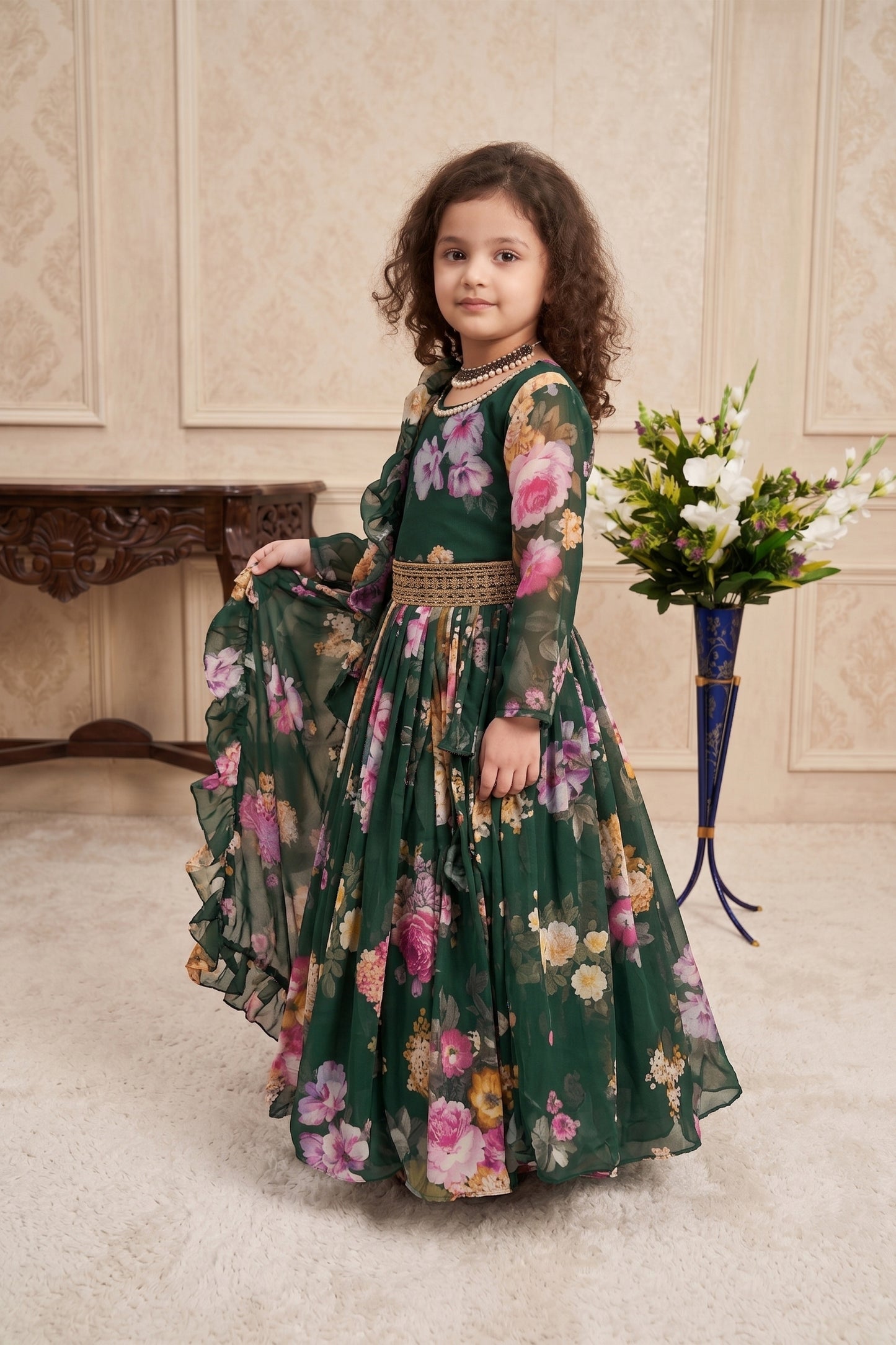 Elegant Dark Green Faux Georgette Floral Printed Designer Gown for Girls with Dupatta