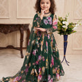 Elegant Dark Green Faux Georgette Floral Printed Designer Gown for Girls with Dupatta