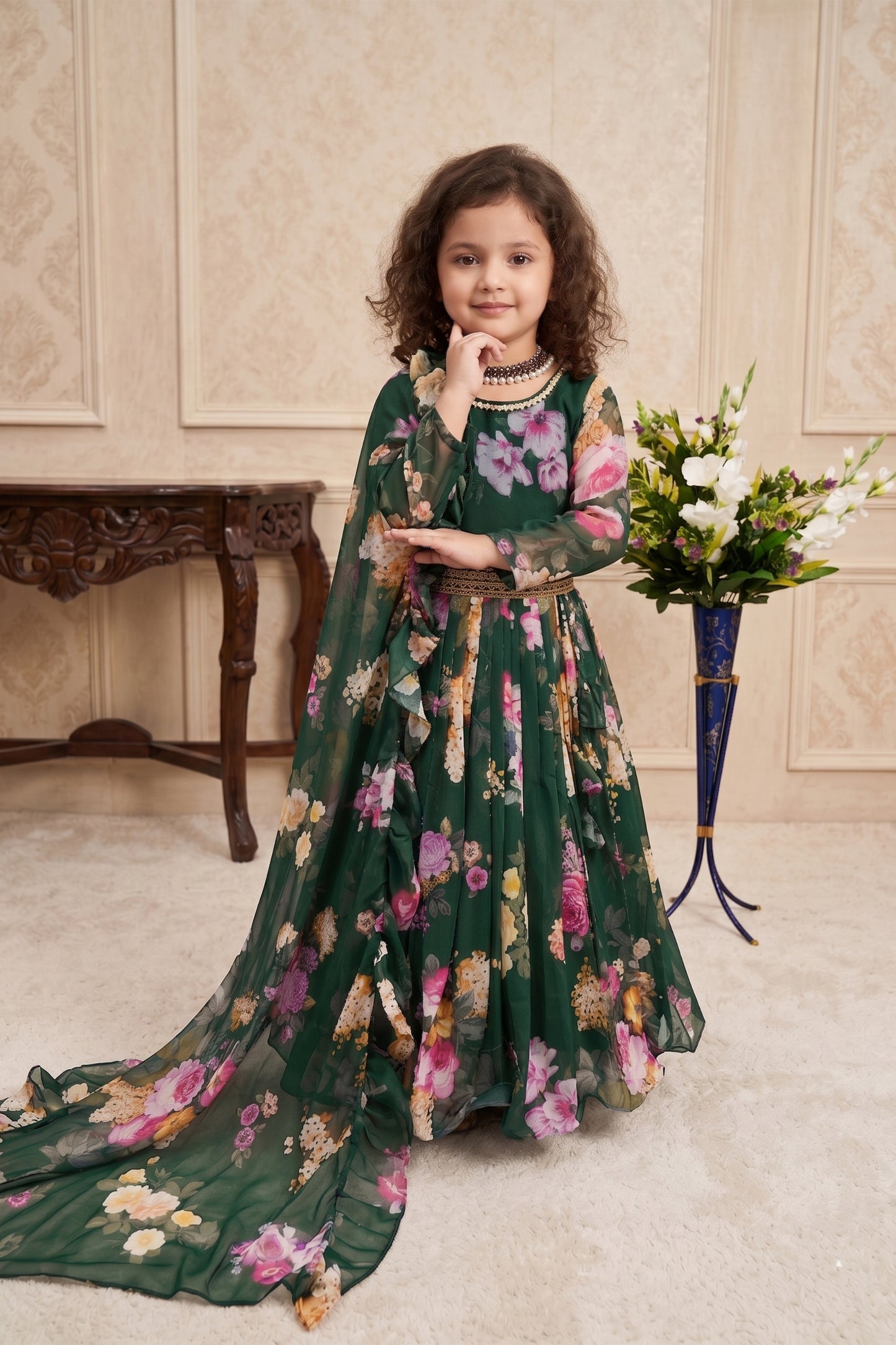 Elegant Dark Green Faux Georgette Floral Printed Designer Gown for Girls with Dupatta