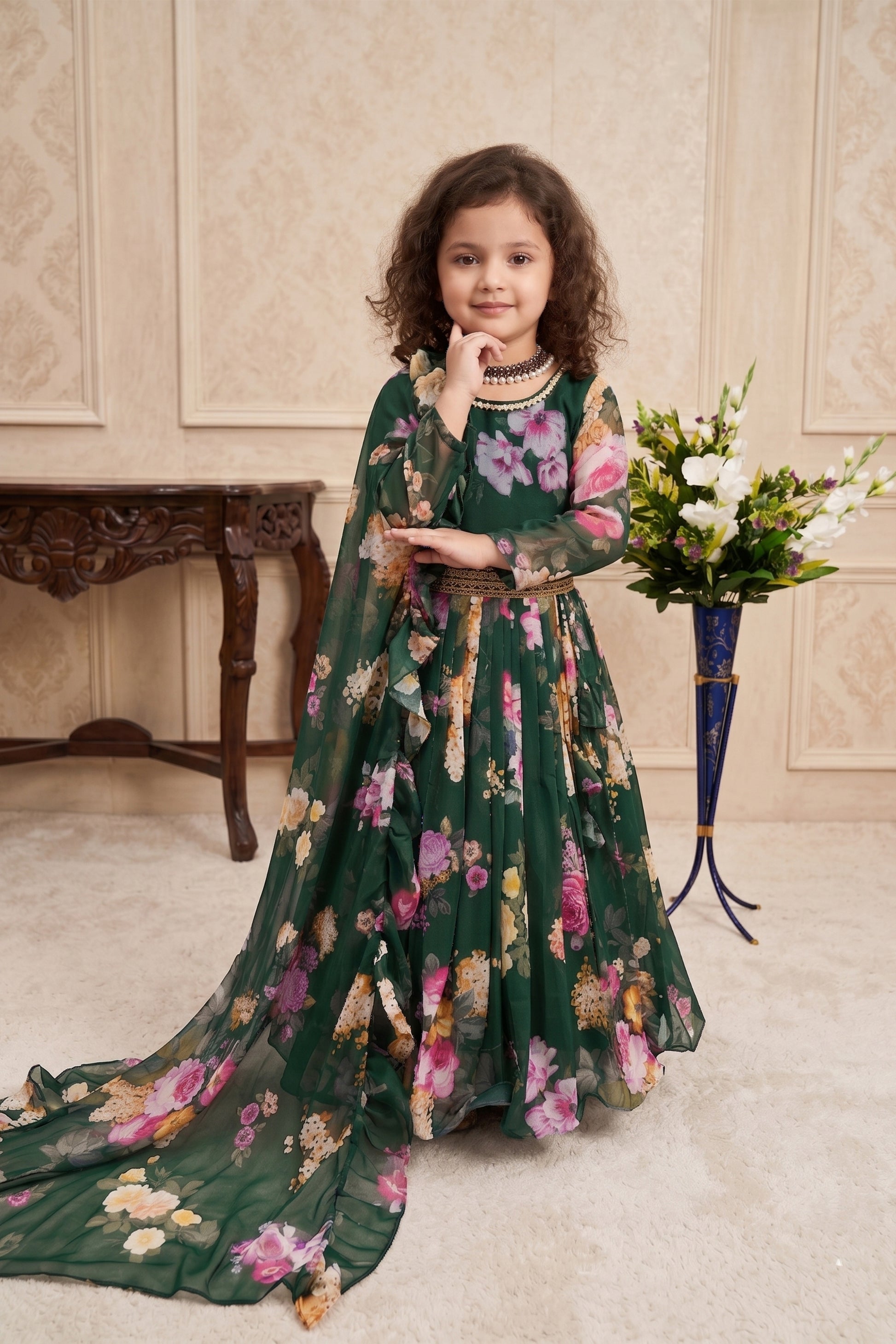 Elegant Dark Green Faux Georgette Floral Printed Designer Gown for Girls with Dupatta
