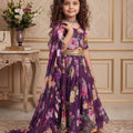 Stylish Purple Faux Georgette Floral Printed Designer Gown for Girls with Dupatta