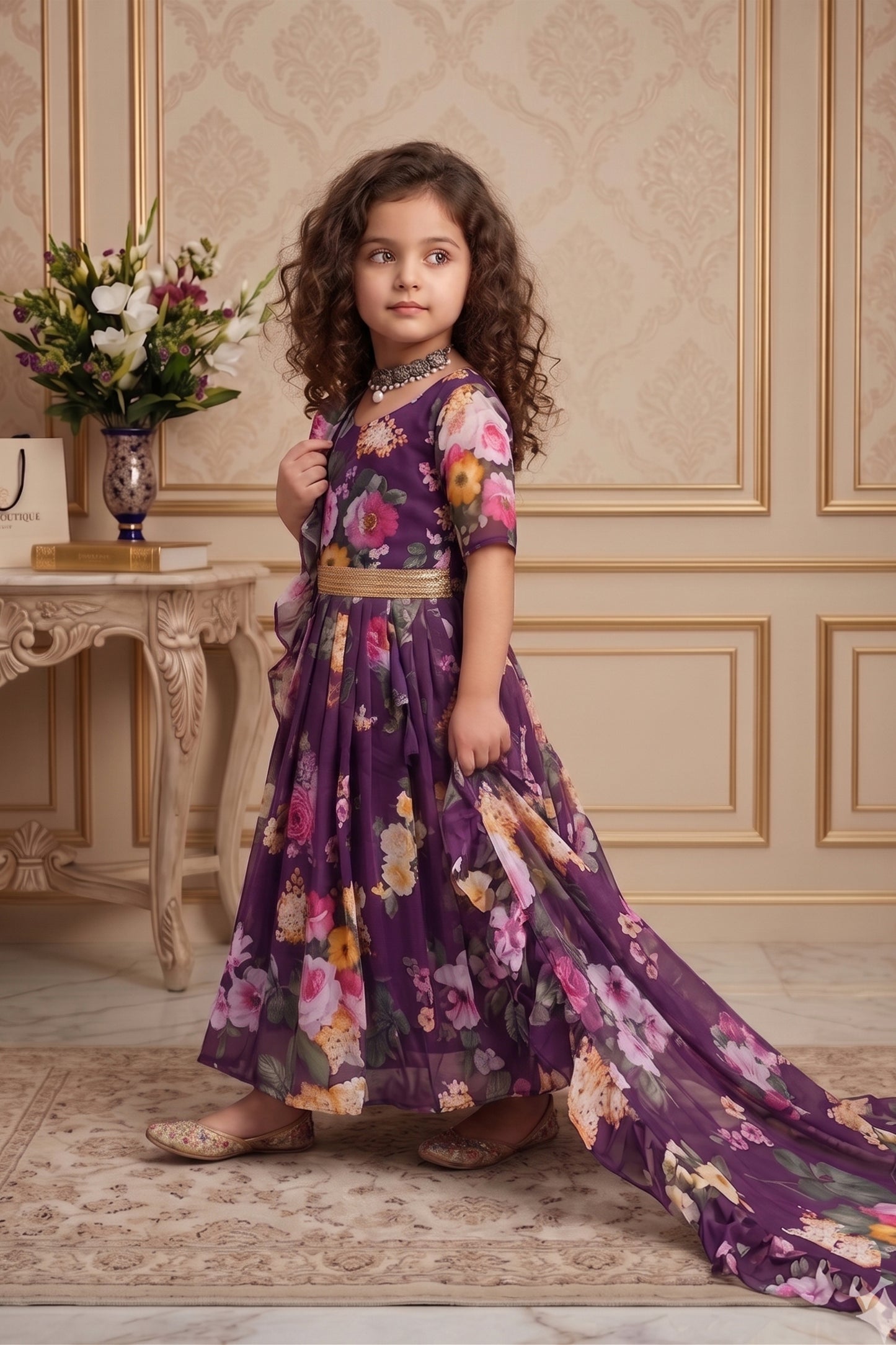 Stylish Purple Faux Georgette Floral Printed Designer Gown for Girls with Dupatta