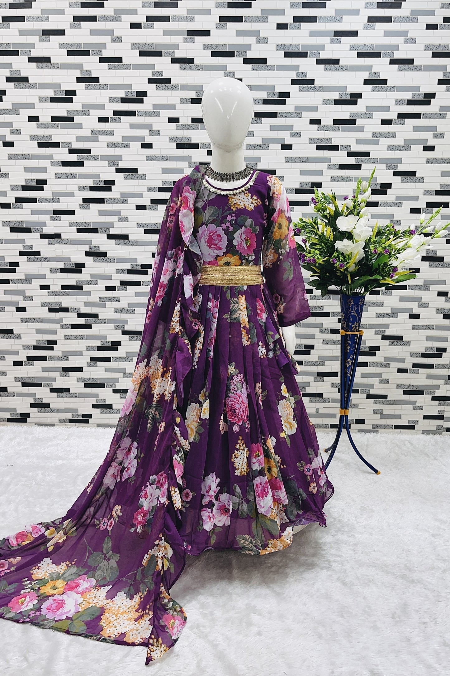 Stylish Purple Faux Georgette Floral Printed Designer Gown for Girls with Dupatta