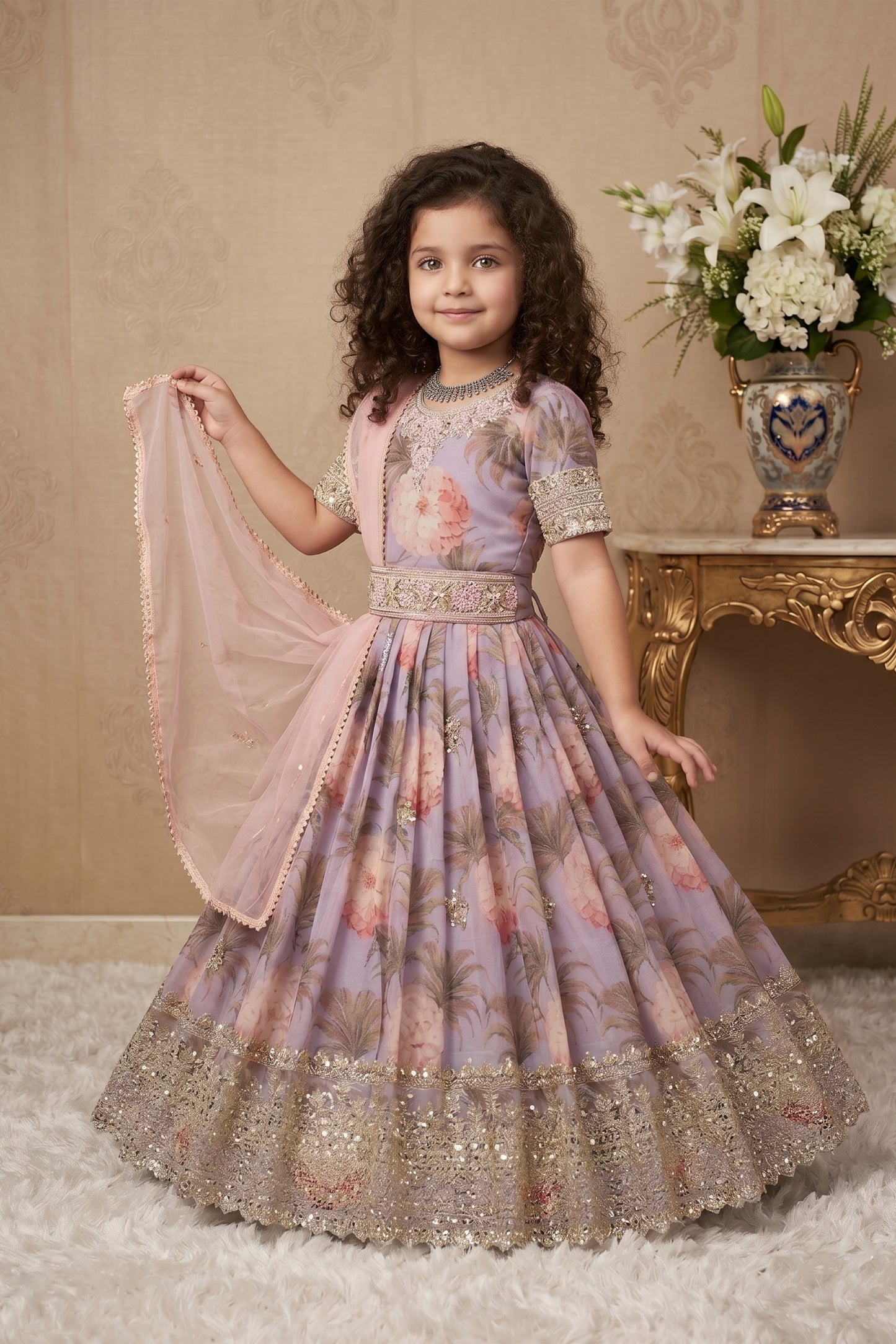 Wonderful Lavender Faux Georgette Digital Printed Designer Gown for Girls with Dupatta