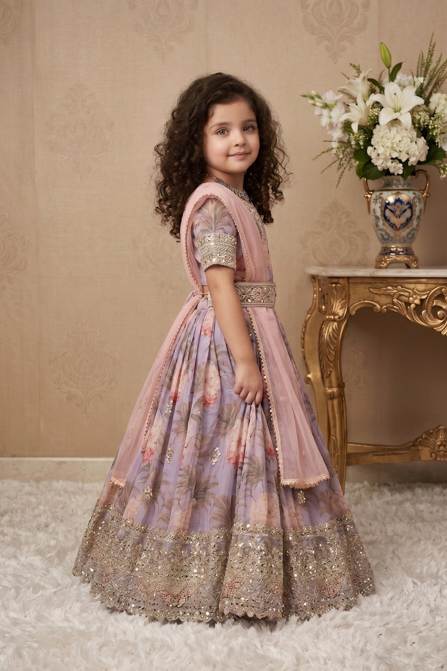 Wonderful Lavender Faux Georgette Digital Printed Designer Gown for Girls with Dupatta