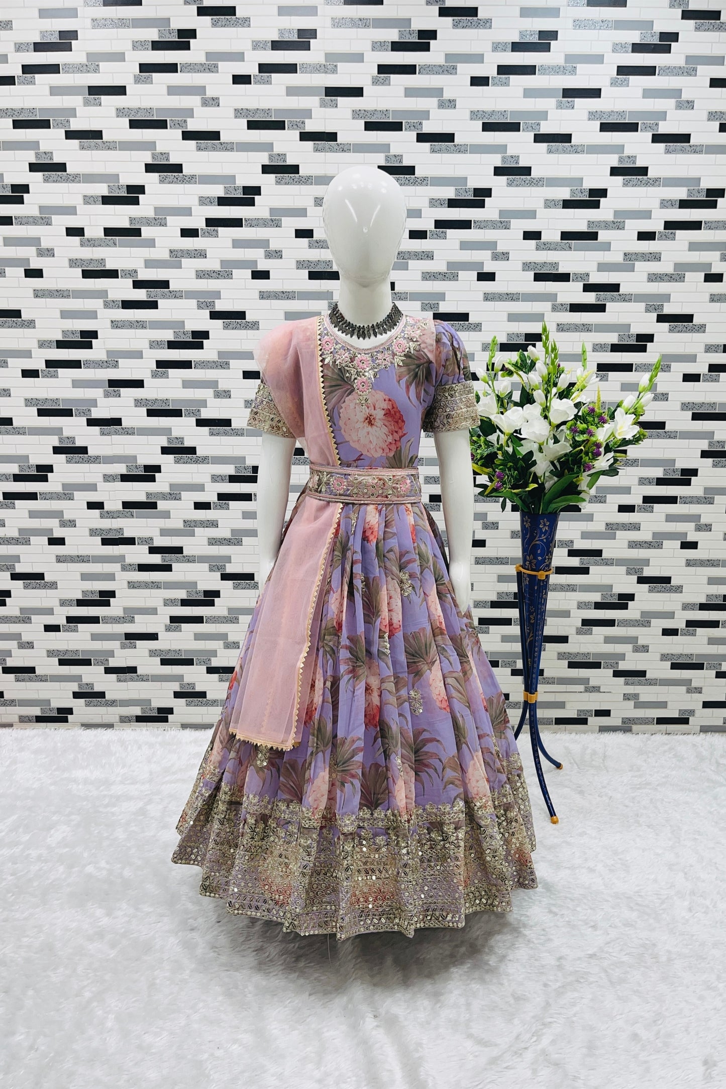 Wonderful Lavender Faux Georgette Digital Printed Designer Gown for Girls with Dupatta