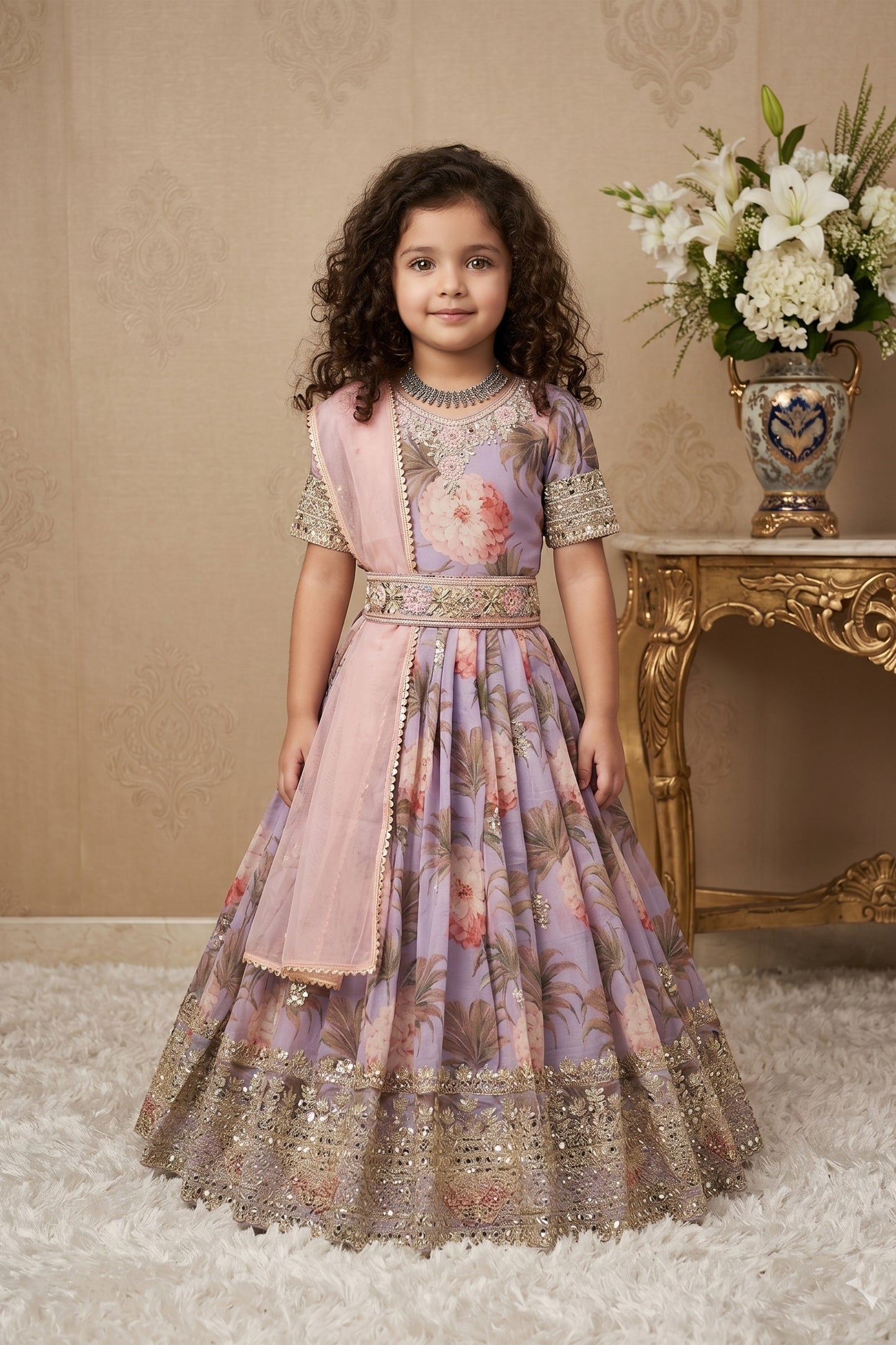 Wonderful Lavender Faux Georgette Digital Printed Designer Gown for Girls with Dupatta
