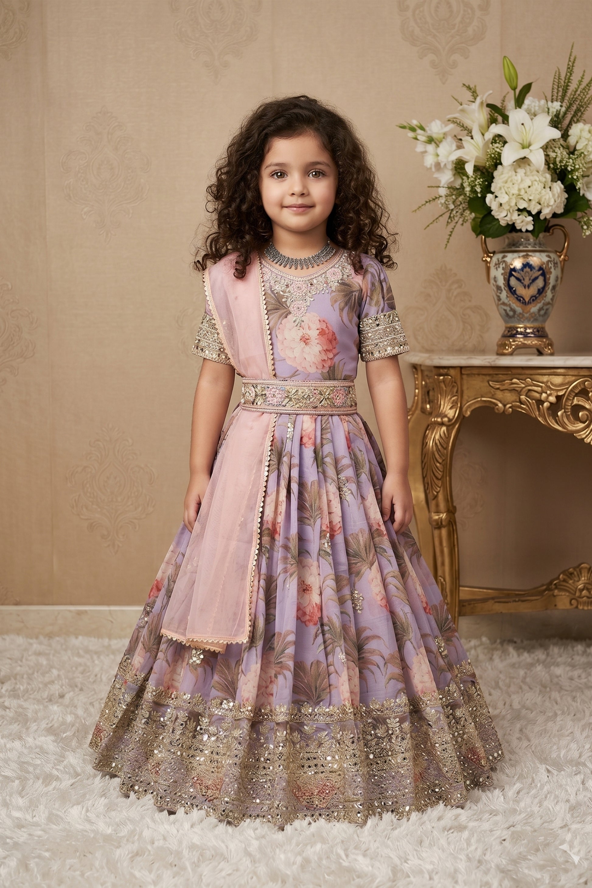 Wonderful Lavender Faux Georgette Digital Printed Designer Gown for Girls with Dupatta