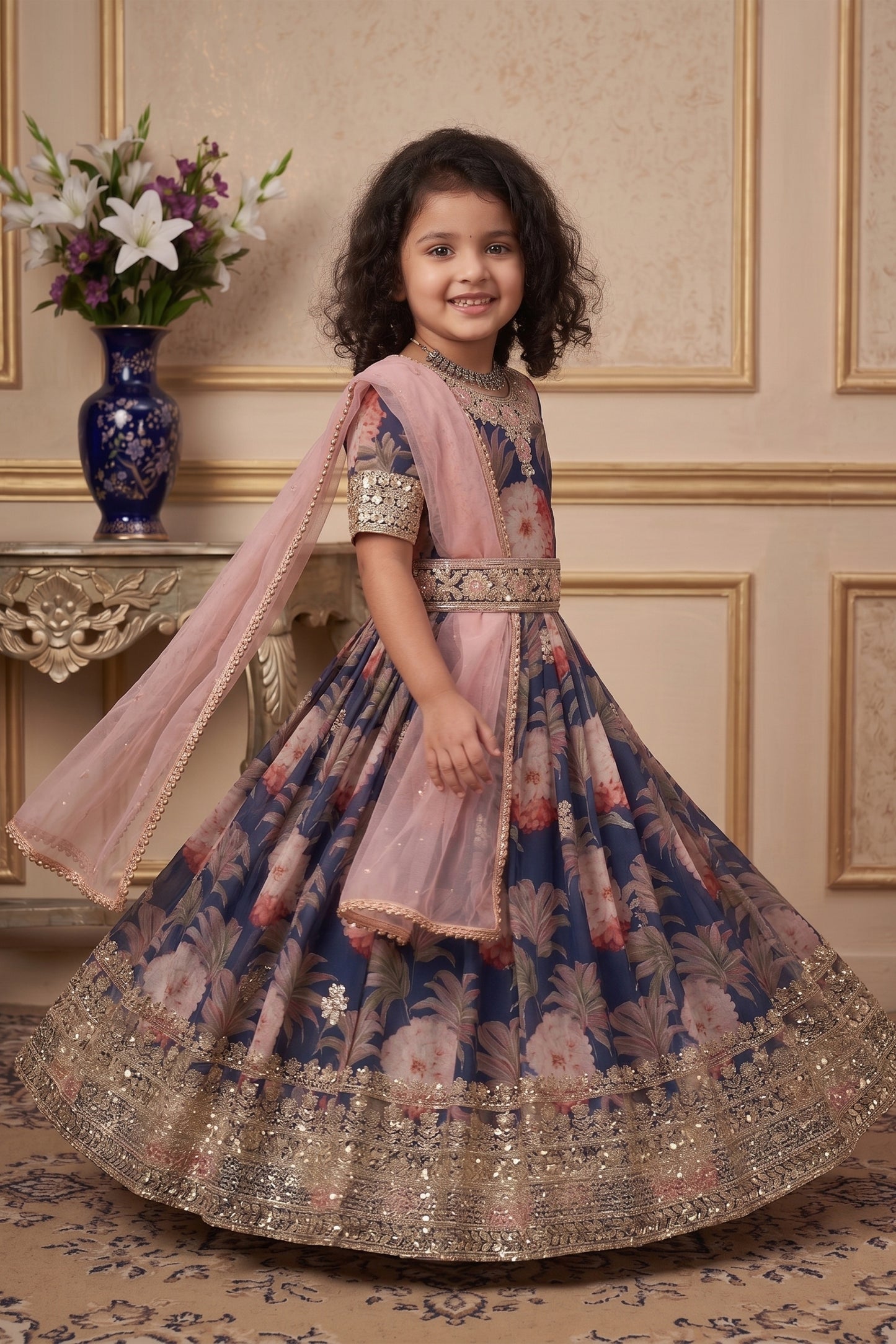 Stunning Navy Blue Faux Georgette Digital Printed Designer Gown for Girls with Dupatta