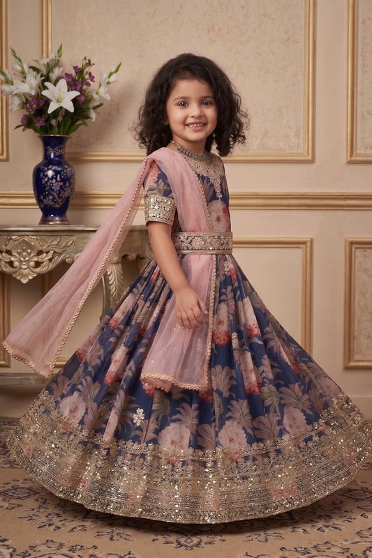 Stunning Navy Blue Faux Georgette Digital Printed Designer Gown for Girls with Dupatta