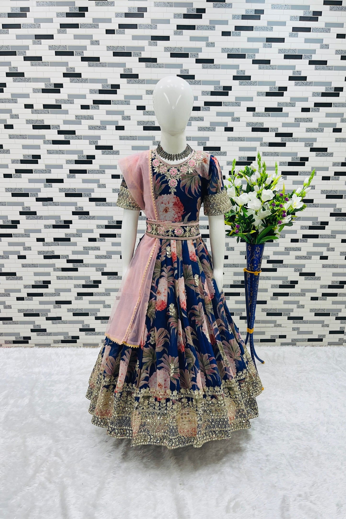 Stunning Navy Blue Faux Georgette Digital Printed Designer Gown for Girls with Dupatta