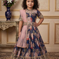 Stunning Navy Blue Faux Georgette Digital Printed Designer Gown for Girls with Dupatta