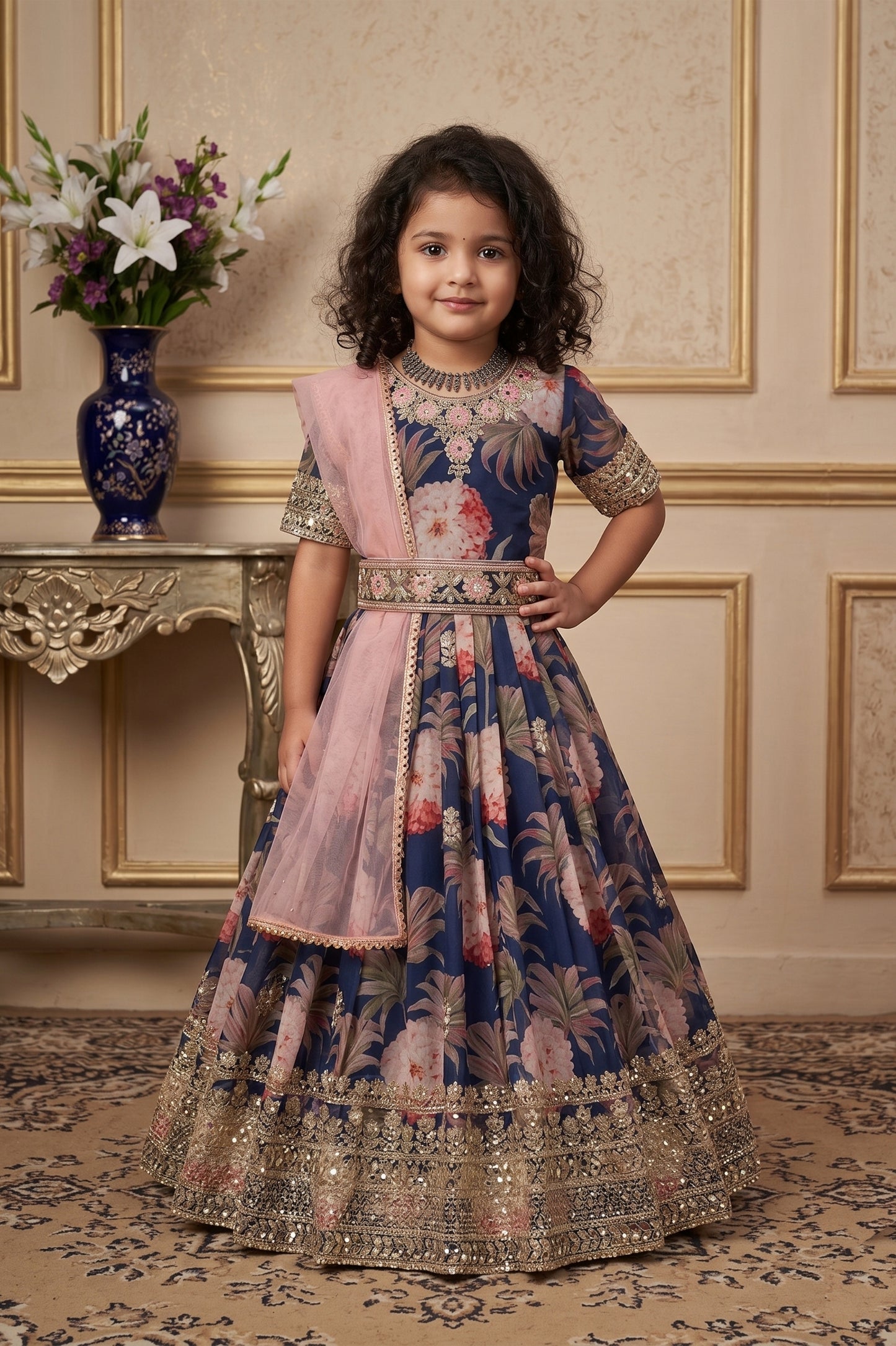 Stunning Navy Blue Faux Georgette Digital Printed Designer Gown for Girls with Dupatta