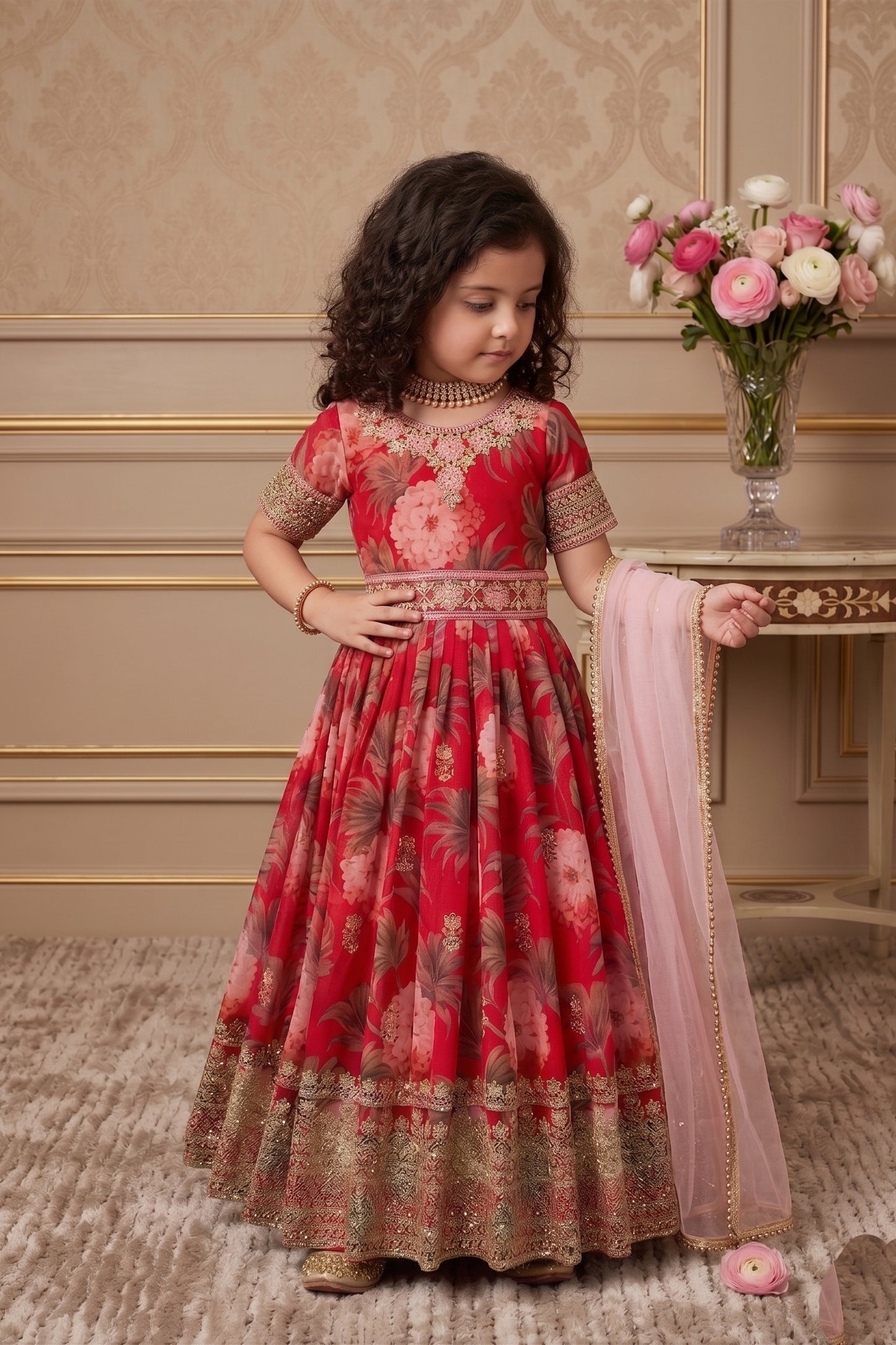 Admirable Red Faux Georgette Digital Printed Designer Gown for Girls with Dupatta