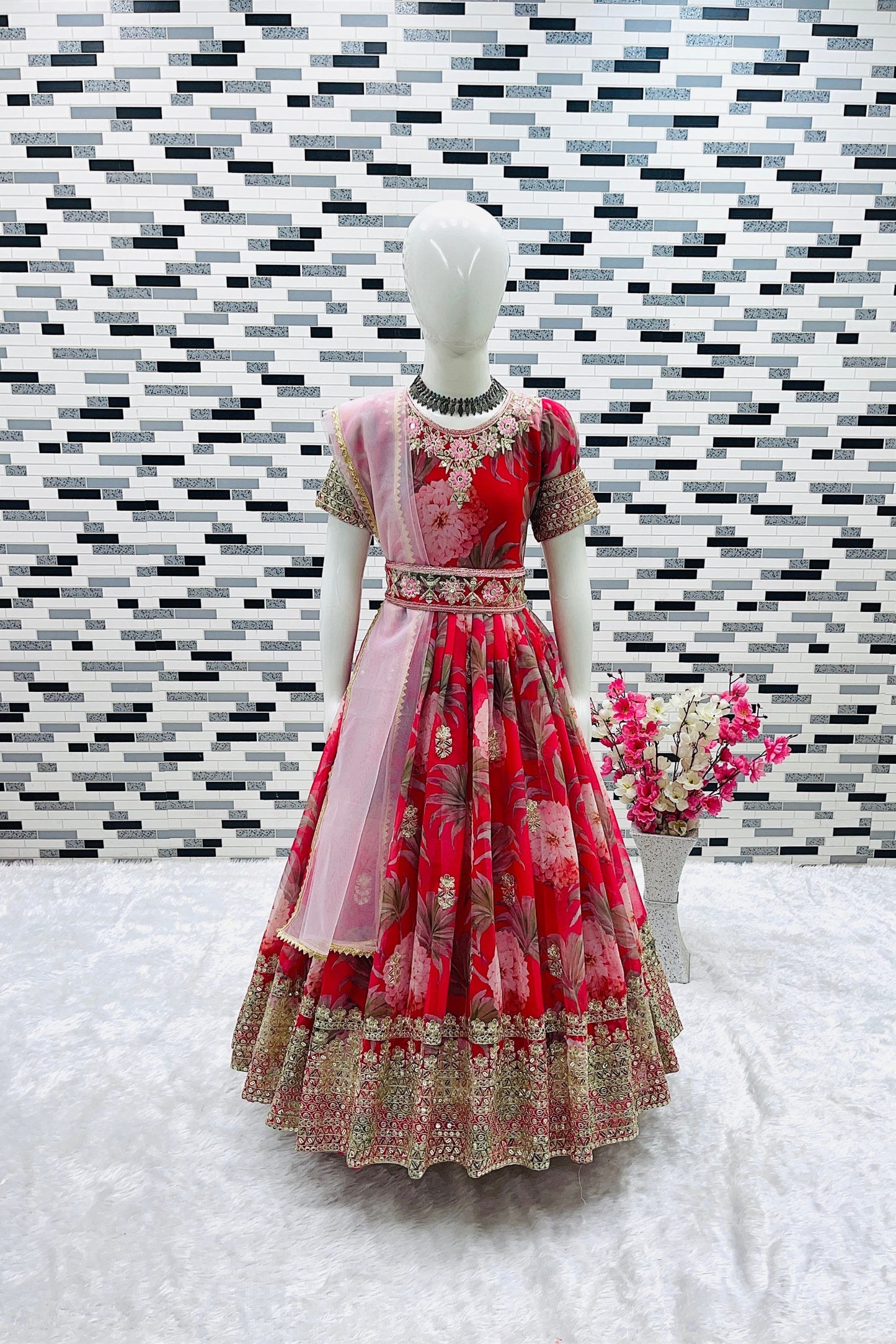Admirable Red Faux Georgette Digital Printed Designer Gown for Girls with Dupatta
