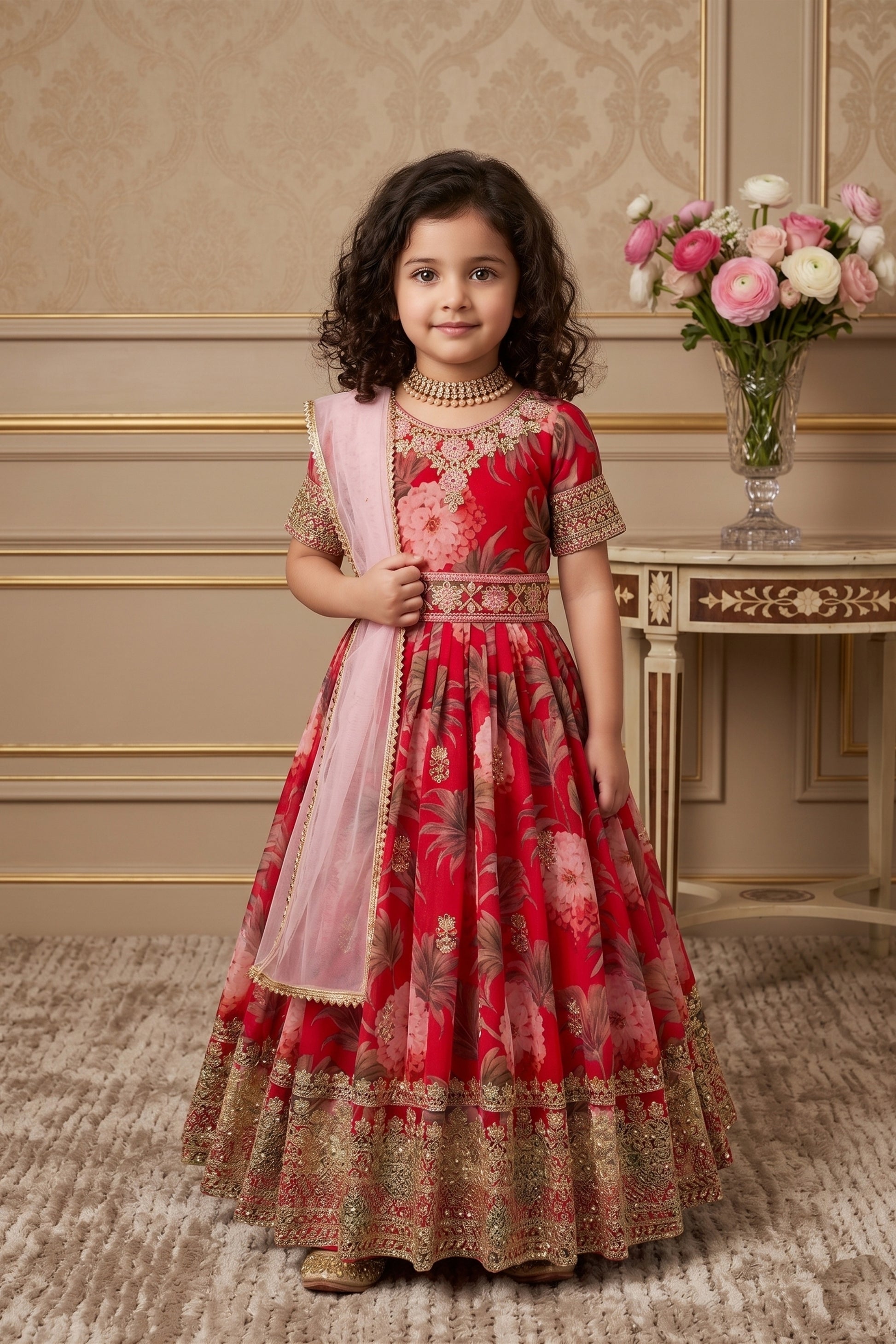 Admirable Red Faux Georgette Digital Printed Designer Gown for Girls with Dupatta