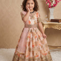 Lovely Peach Faux Georgette Digital Printed Designer Gown for Girls with Dupatta