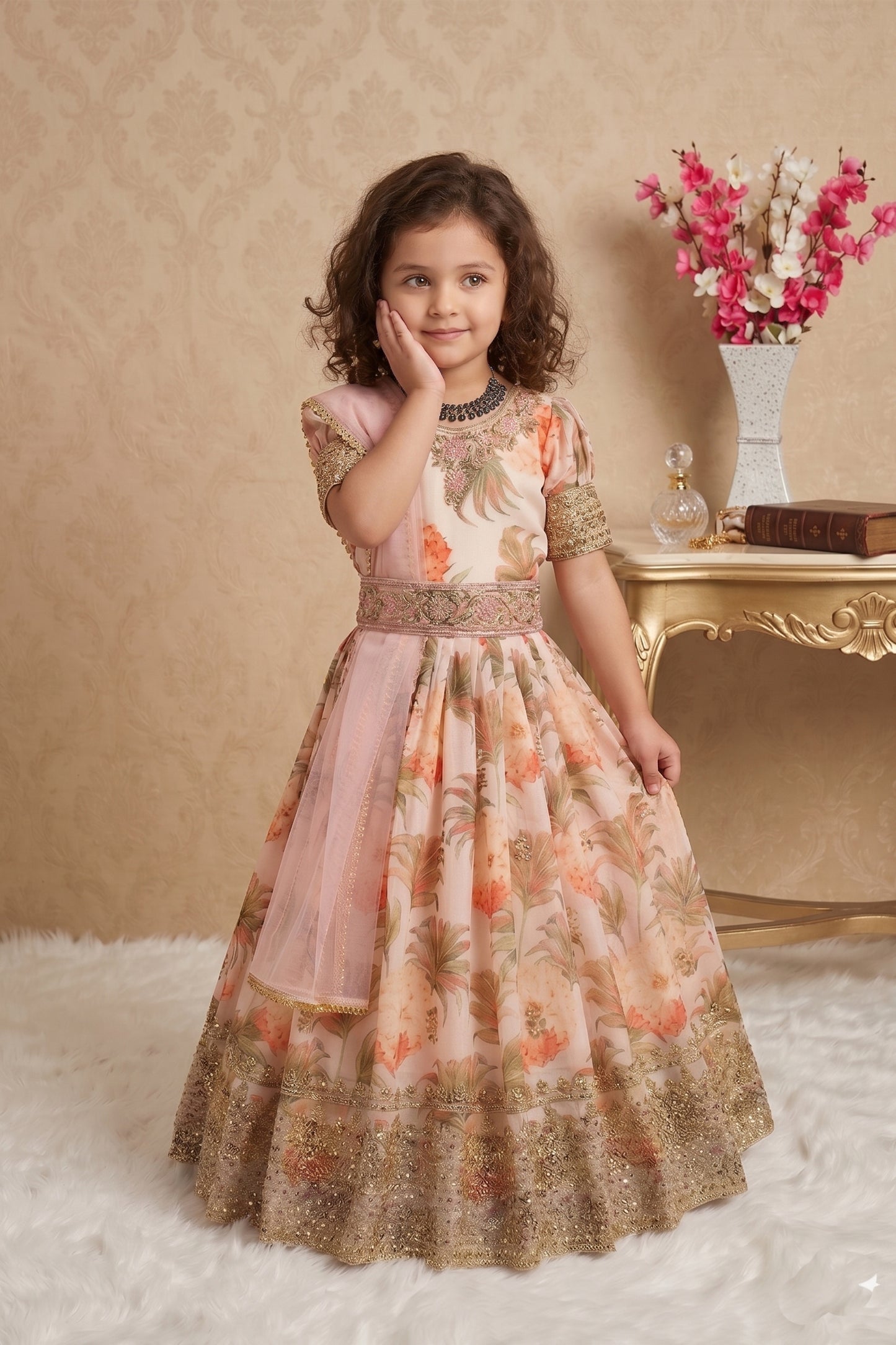 Lovely Peach Faux Georgette Digital Printed Designer Gown for Girls with Dupatta